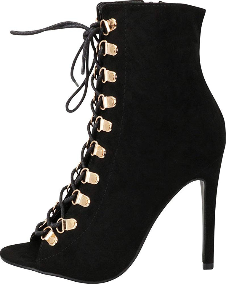 Cambridge Select Women's Peep Toe 90s Lace-Up Stiletto High Heel Ankle Bootie