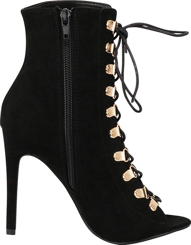 Cambridge Select Women's Peep Toe 90s Lace-Up Stiletto High Heel Ankle Bootie