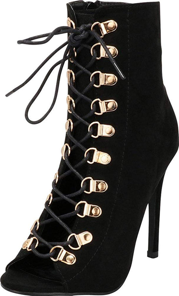 Cambridge Select Women's Peep Toe 90s Lace-Up Stiletto High Heel Ankle Bootie