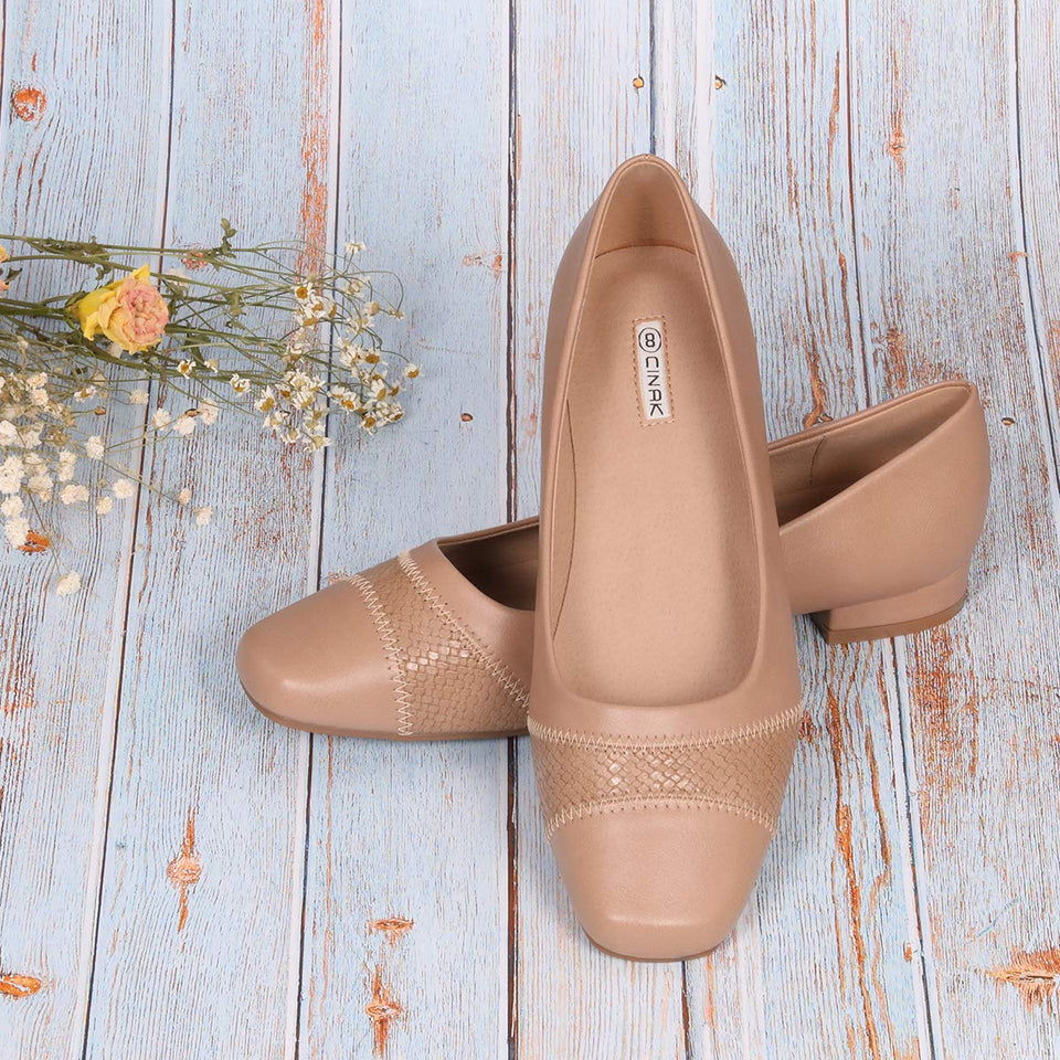 CINAK Comfort Flats for Women-Low Chunky Heel Pumps Formal Square Toe Dress Slip On Casual Spliced Shoes